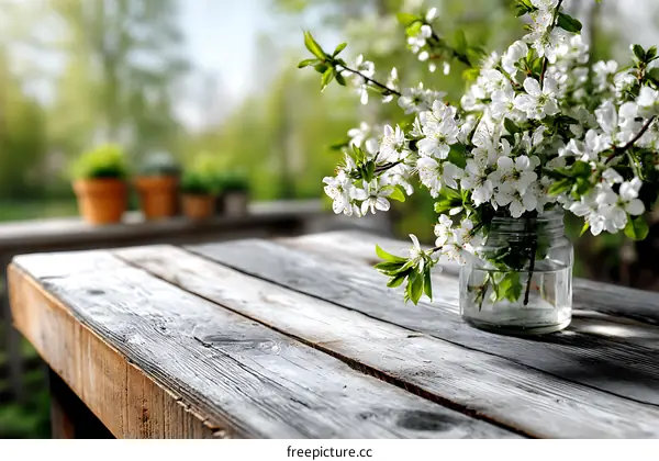 Spring blossoms on weathered wooden table
