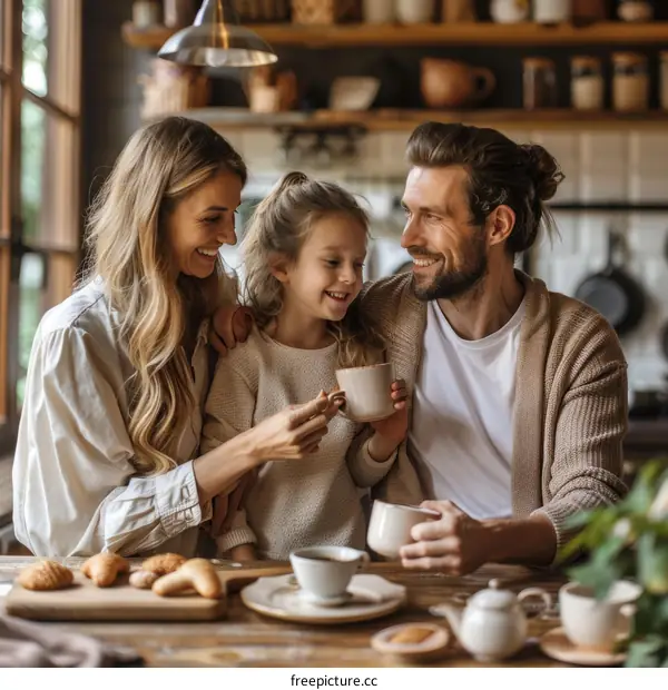 Family enjoying breakfast in the kitchen