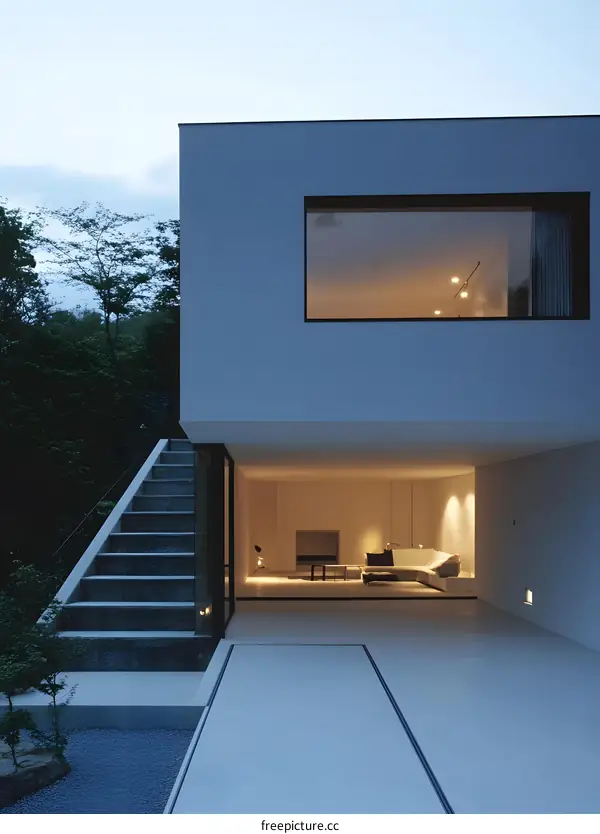 Modern Minimalist Home Exterior with a Concrete Staircase and Large Window