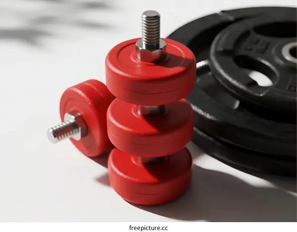 Set of Red Dumbbells and Black Weight Plates for Strength Training