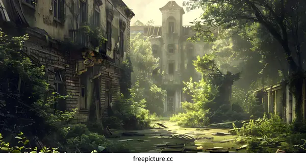 overgrown city street with buildings covered in plants