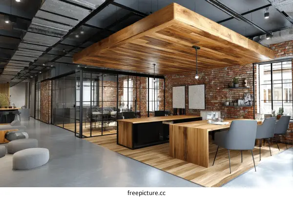 Modern Industrial Open-Plan Office Space with Wooden Accents