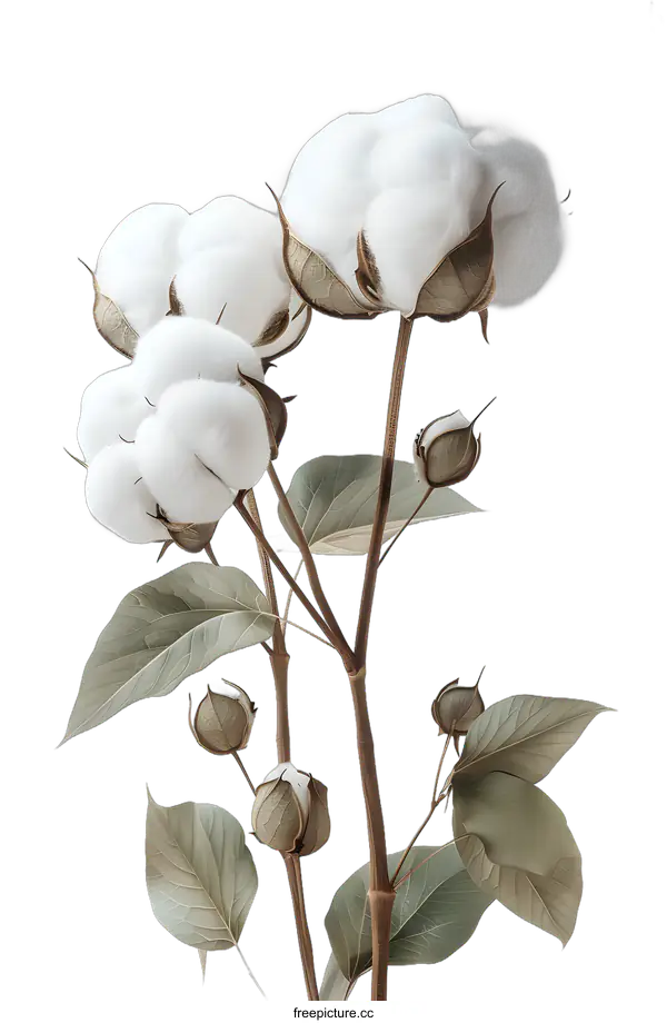 [Transparent Background PNG]White Cotton Flower with Green Leaves on a White Background