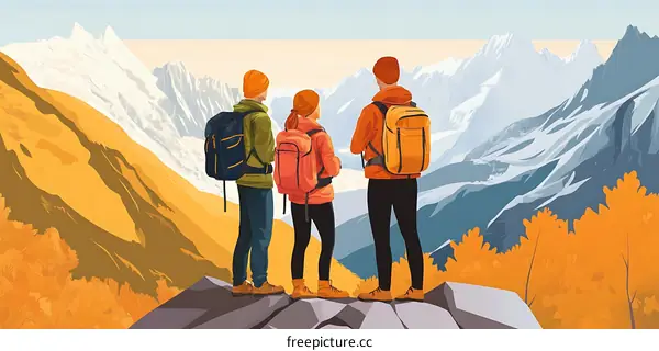 Three Hikers Standing on a Mountain Peak and Looking at the View