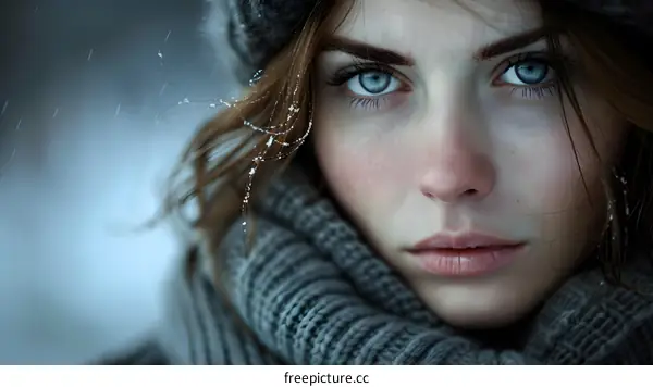Portrait of a beautiful young woman with blue eyes wearing a gray knitted hat and scarf