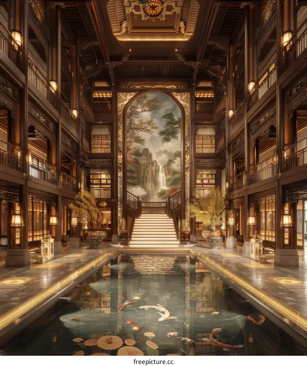 Grand Chinese Mansion Interior with Koi Pond