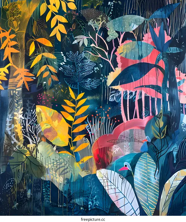 Abstract Jungle Painting with Birds