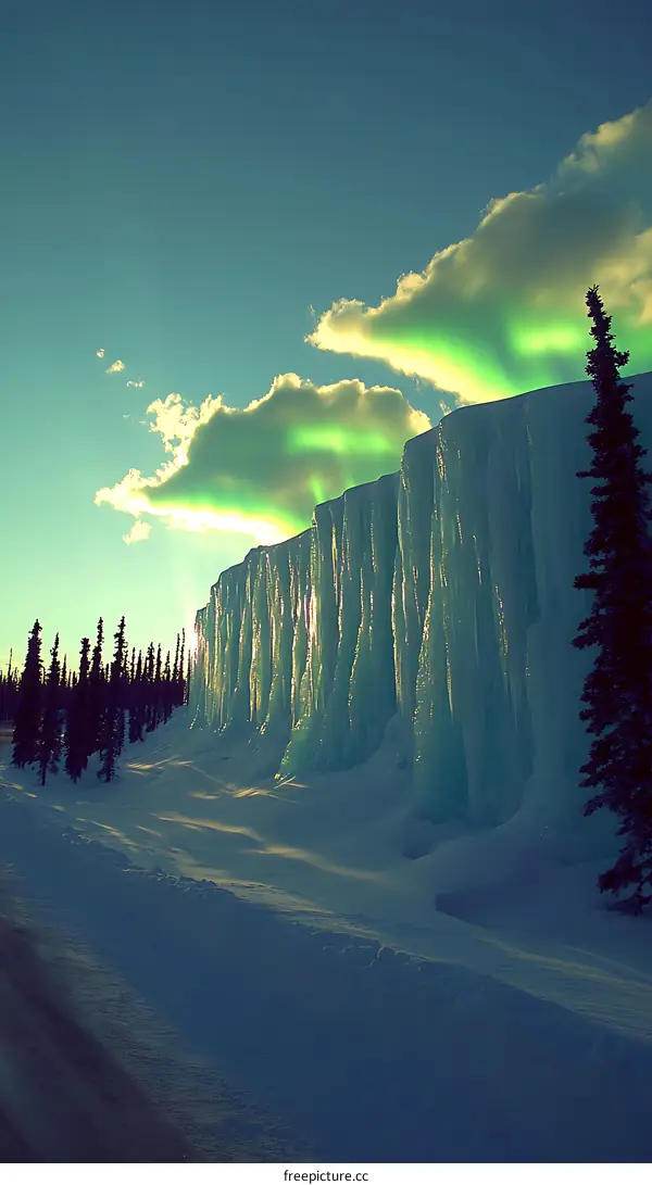 Ice Wall Formation In Snowy Landscape Under A Colorful Sky