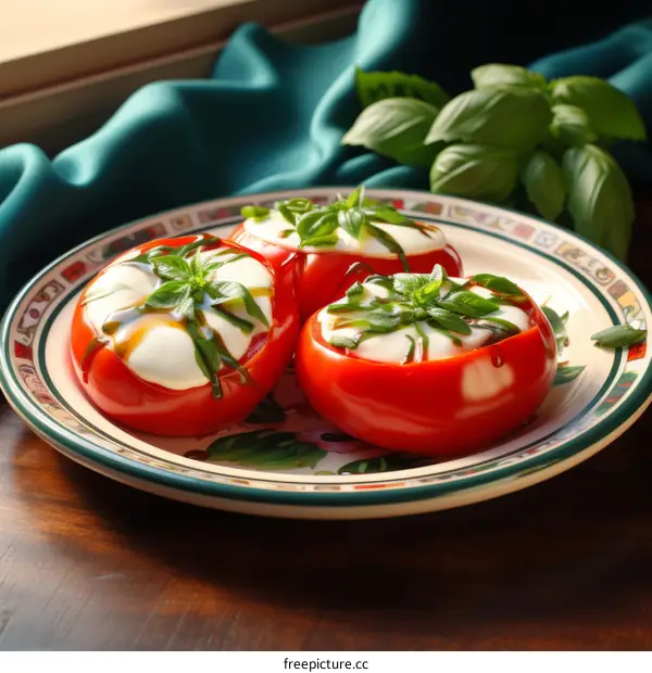 Three tomatoes stuffed with mozzarella and basil