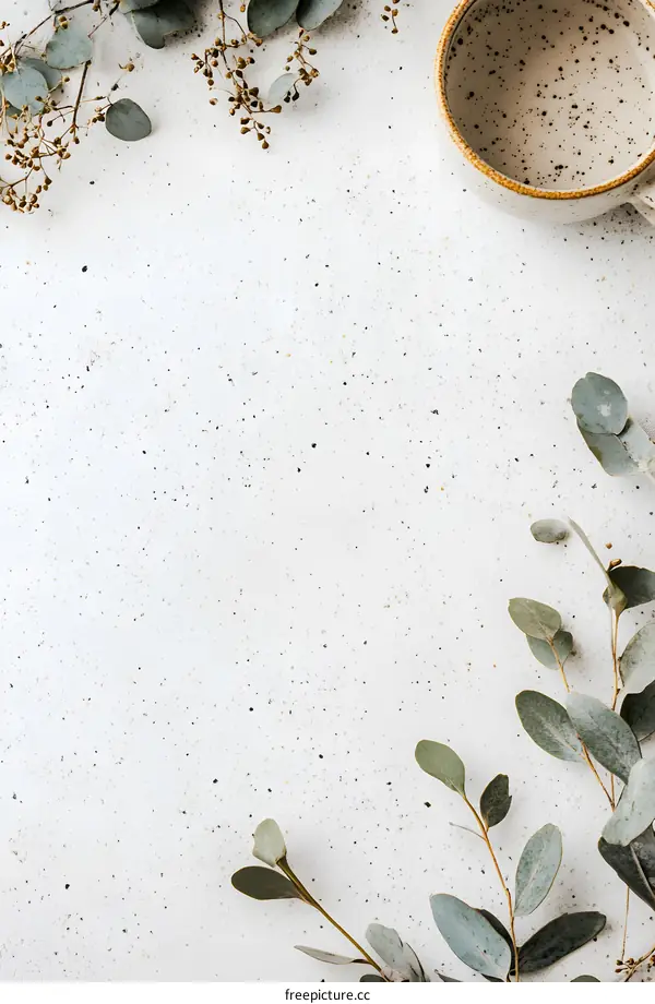 White Background with Eucalyptus Branches and a Cup