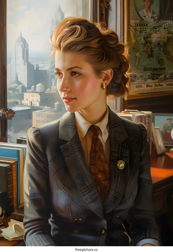 Portrait of a young woman in a suit looking out a window