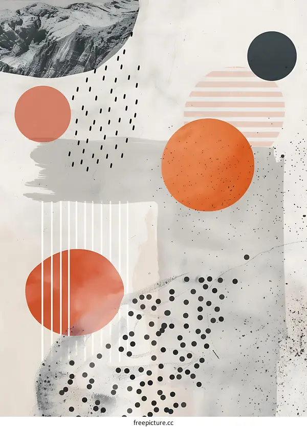Abstract Geometric Illustration with Orange Circles and Black Dots