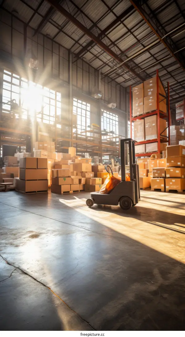 A forklift in a warehouse full of boxes