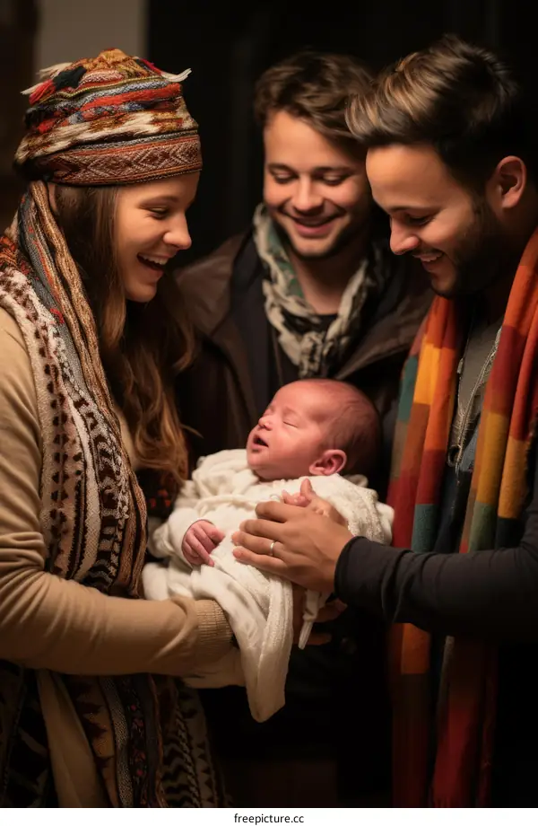 A young couple and a man looking at a newborn baby