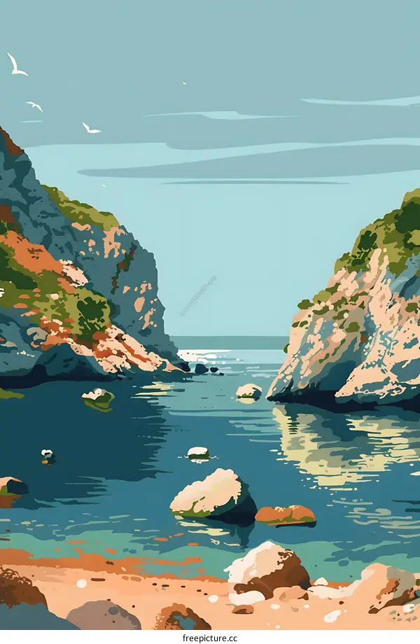 Peaceful Ocean Cove Landscape Illustration
