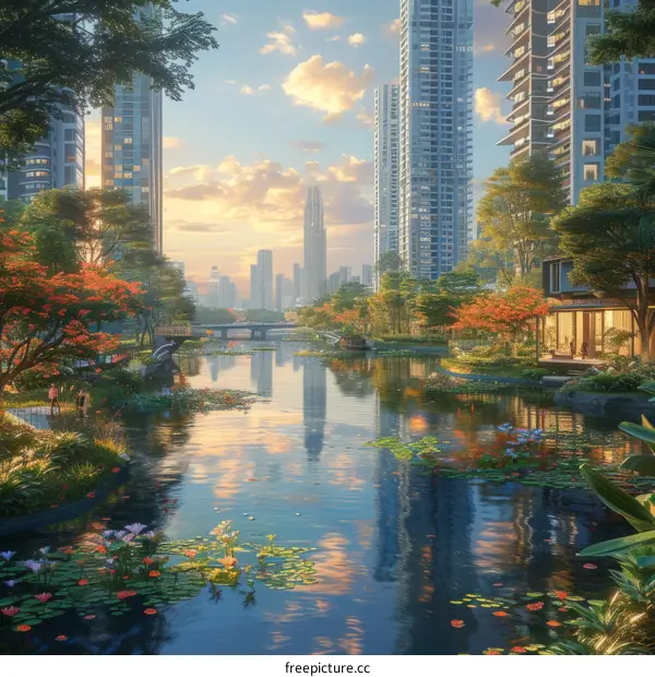 A beautiful digital painting of a city with a river running through it