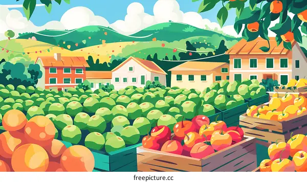 Colorful Fruits In Front Of Countryside Houses