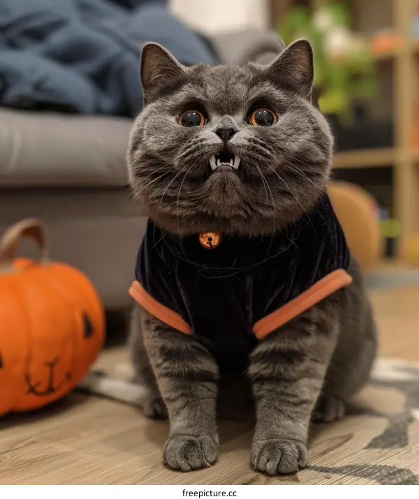 A gray cat wearing a Halloween costume