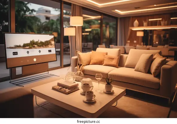 Modern living room interior design with large TV and comfortable sofa