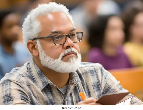 Portrait of a Mature Man With Gray Hair and a Beard, Taking Notes in a Classroom