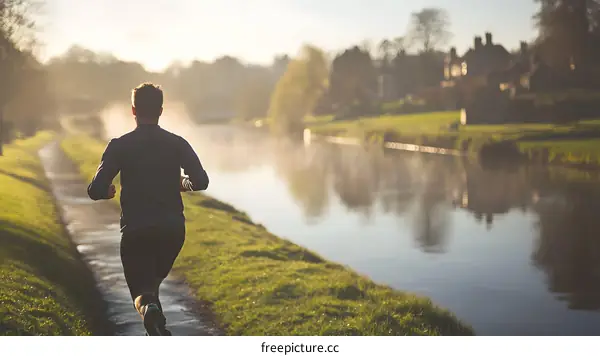 Man Running by River on Foggy Morning