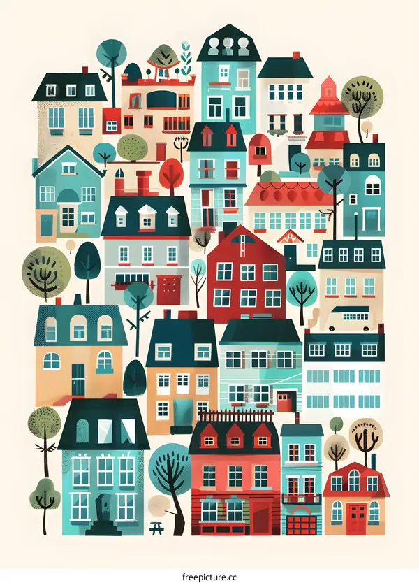 Colorful Illustration Of A Small Town With Houses And Trees