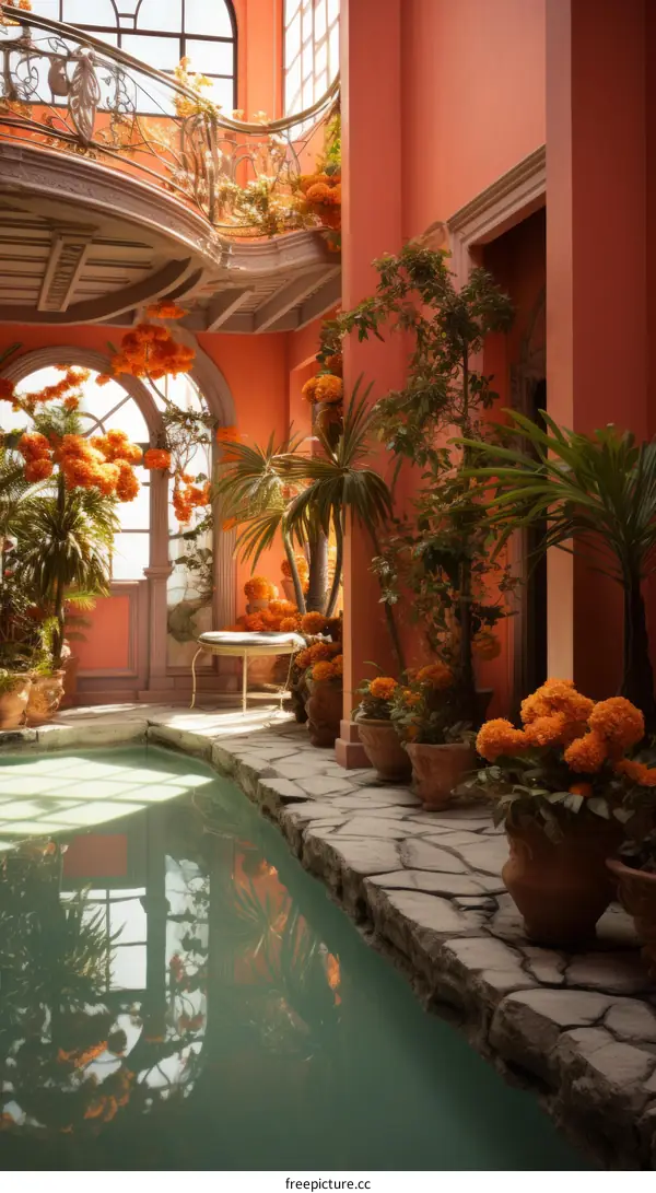 Indoor garden with orange walls and a blue swimming pool