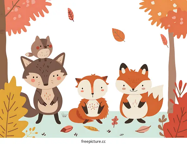 Cute Cartoon Fox and Bird Illustration in Autumn Forest