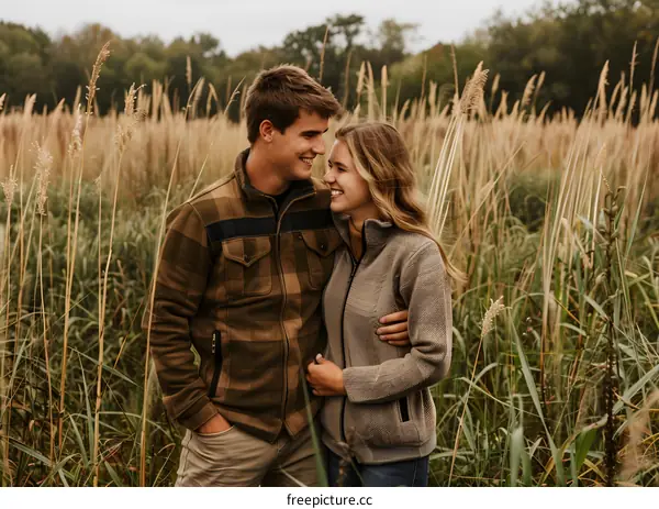 Couple Embracing in Tall Grass Field