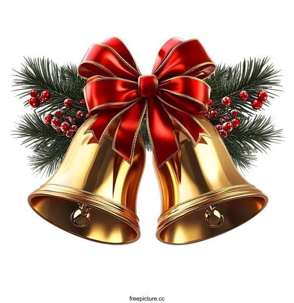 [Transparent Background PNG]Christmas Gold Bells with Red Ribbon
