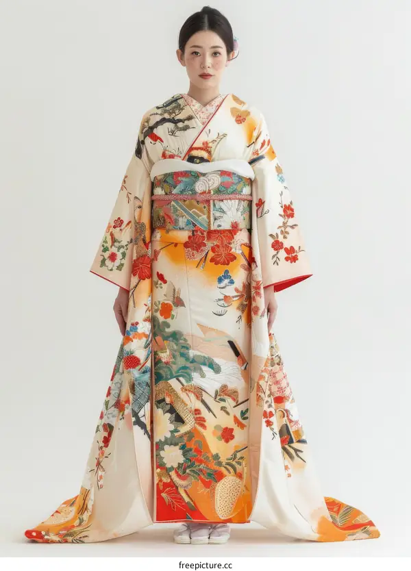 A woman wearing a traditional Japanese wedding kimono