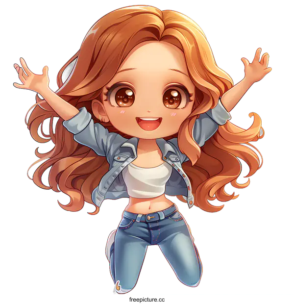 [Transparent Background PNG]Cute Cartoon Girl with Long Brown Hair Wearing Blue Jeans and Denim Jacket