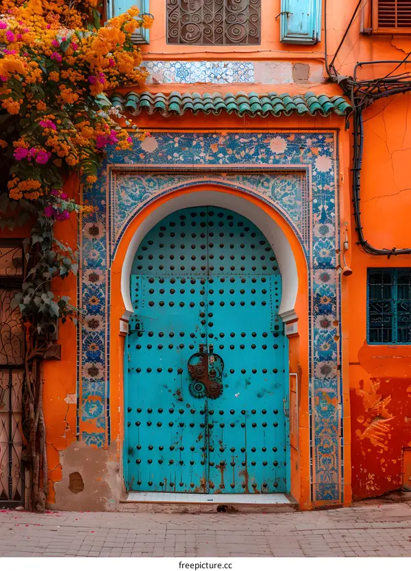 Blue door with intricate carvings and patterns