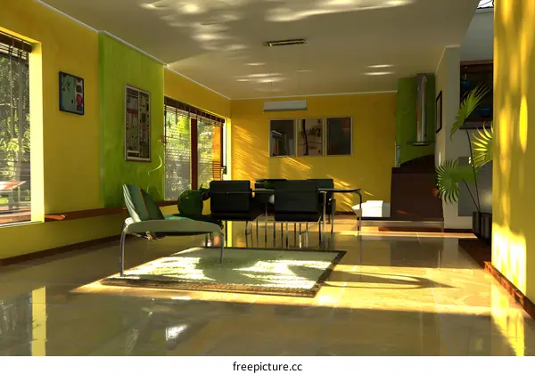Modern Interior Design with Yellow Walls and a Dining Area