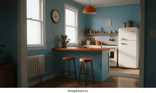 A Bright Blue Kitchen with White Cabinetry and Vintage Appliances