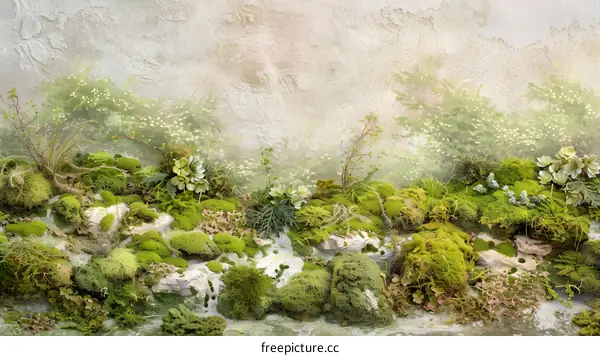 Green Moss and Succulents Against a Textured Wall