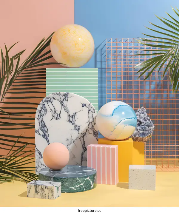 Abstract Geometric Shapes Background With Palm Leaves