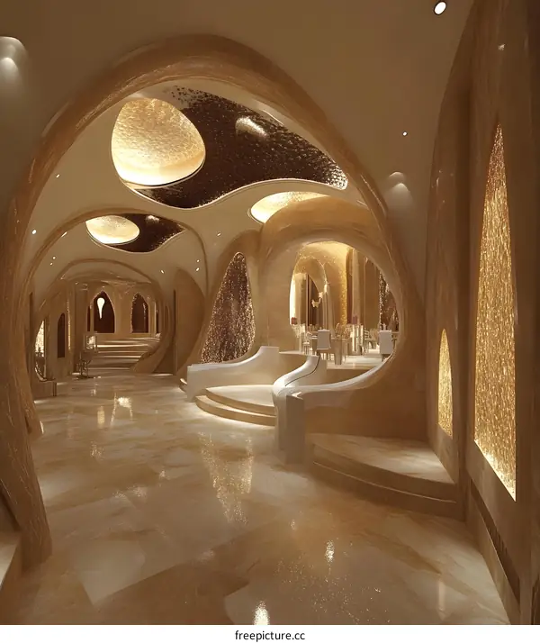 Abstract Interior Design with Curved Walls and Golden Accents