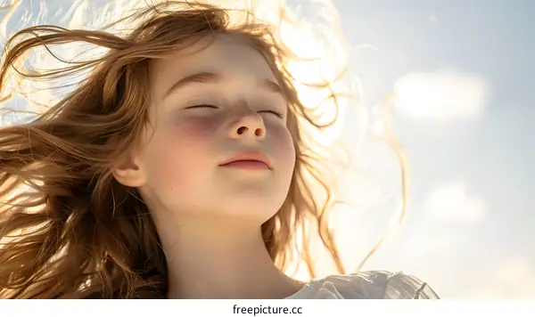 Little girl with freckles and long red hair, eyes closed, enjoying the sun