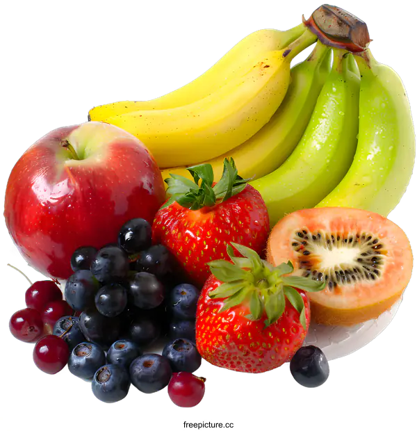 [Transparent Background PNG]Assortment of Fresh Fruits with Banana, Apple, Kiwi, Strawberry and Blueberry