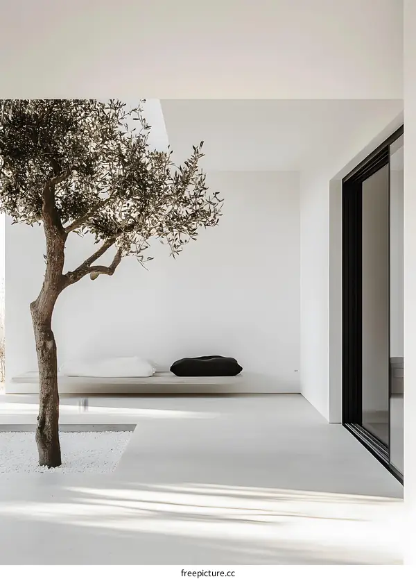 Minimalist Patio Design with White Walls and a Olive Tree