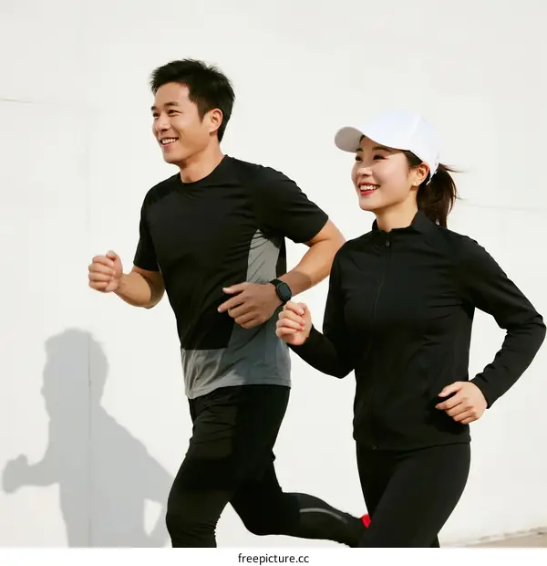 Two people running outdoors in sportswear