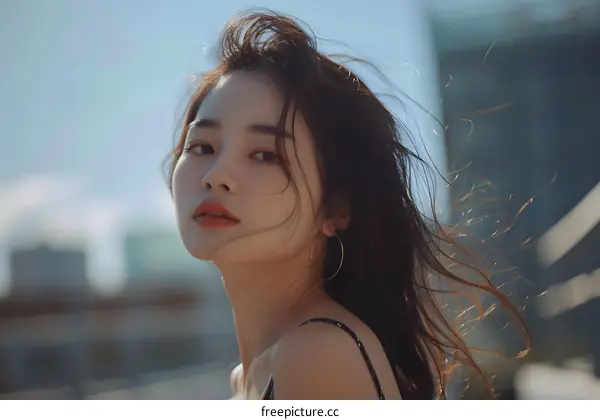 Beautiful Asian Woman with Long Hair in the Wind
