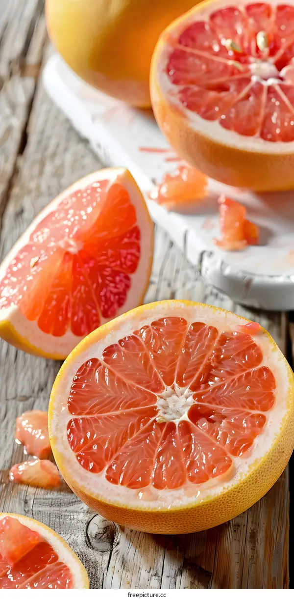 Fresh Ripe Grapefruit Slices on Wooden Table