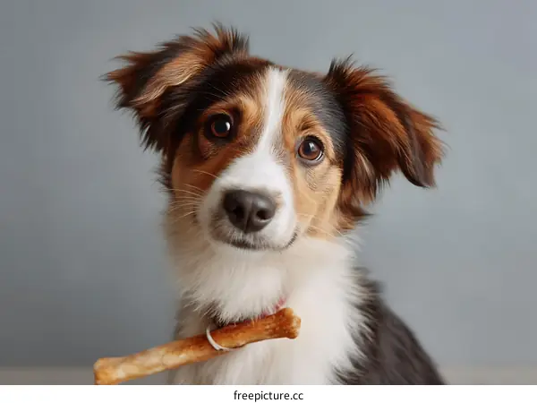Close-up Portrait of a Puppy with a Treat
