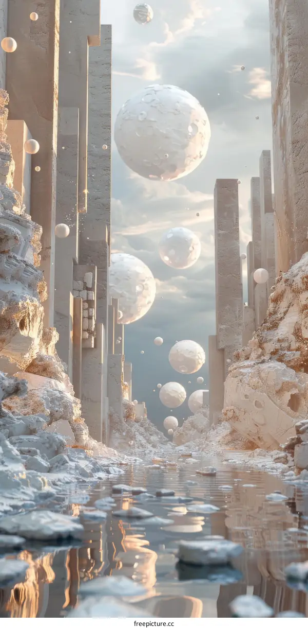Floating Spheres in a Futuristic City