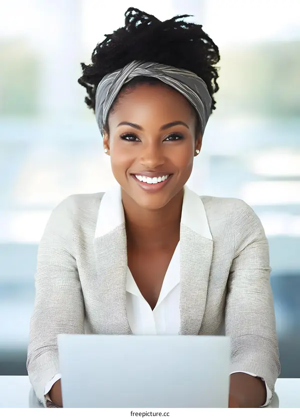 Smiling African American Businesswoman Working on Laptop