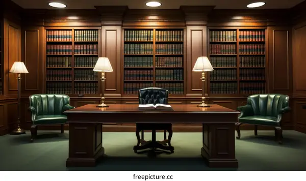 Law library with green leather chairs and wood paneling