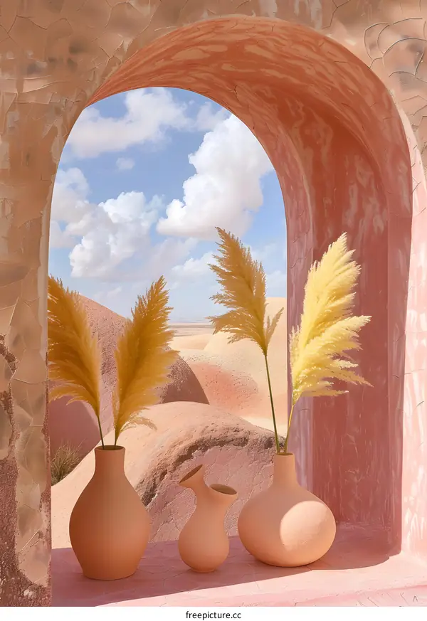 Vase with Pampas Grass in Window Frame with Desert View