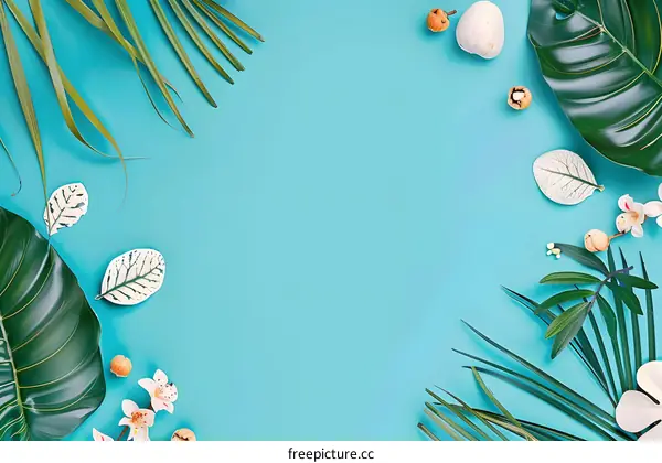 Tropical Leaves and Flowers on Blue Background